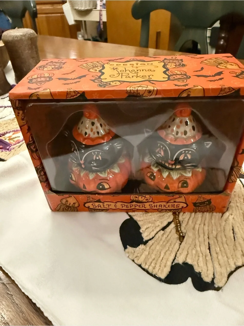 Johanna Parker Halloween Black Cat & Pumpkin Salt and Pepper Shaker Set - Orange